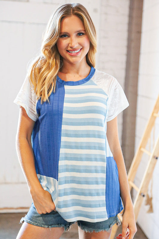 Blue Rib Terry Lace & Stripe Color Block Top - Luxe Mod 