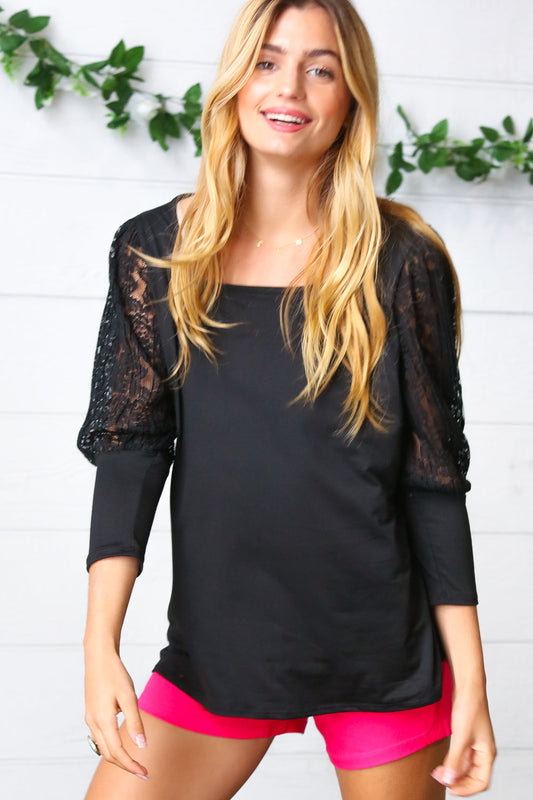 Black Lace Three Quarter Bubble Sleeve Top - Luxe Mod 