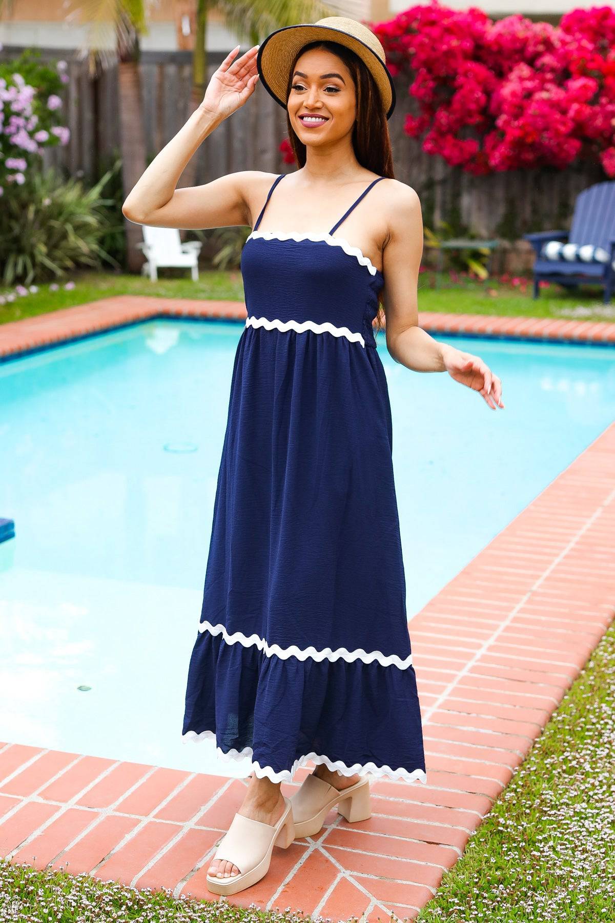 Bold & Sassy Navy Square Neck Ric Rac Trim Adjustable Straps Maxi - Luxe Mod 