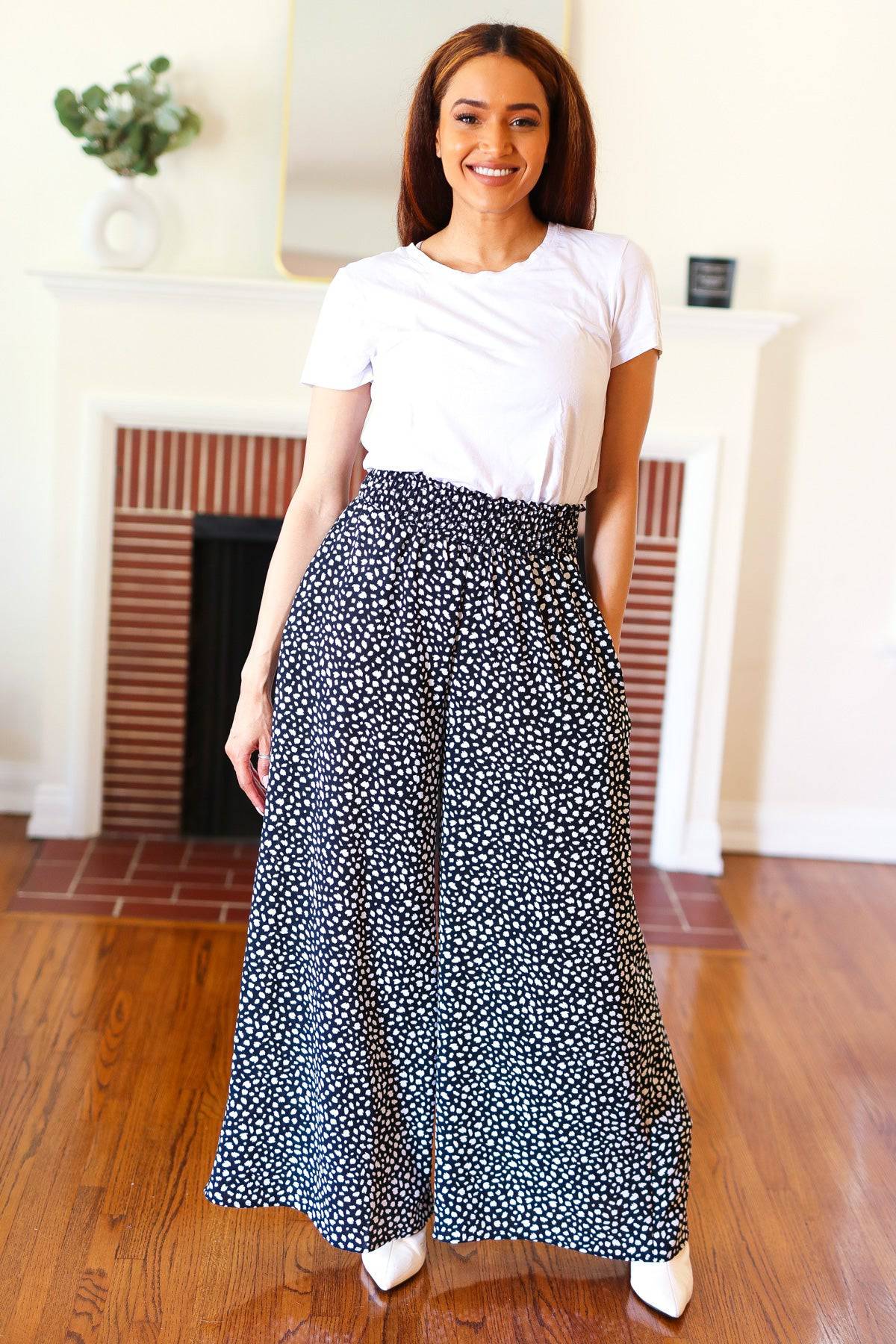 Let's Meet Up Black Animal Print Smocked Waist Palazzo Pants - Luxe Mod 