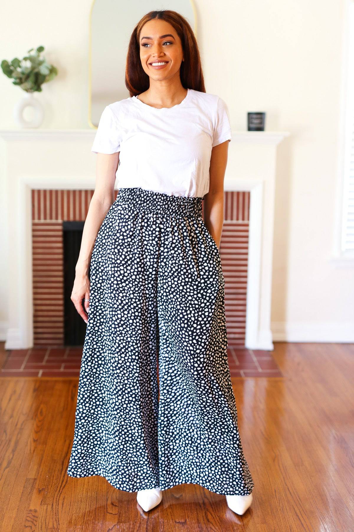 Let's Meet Up Black Animal Print Smocked Waist Palazzo Pants - Luxe Mod 