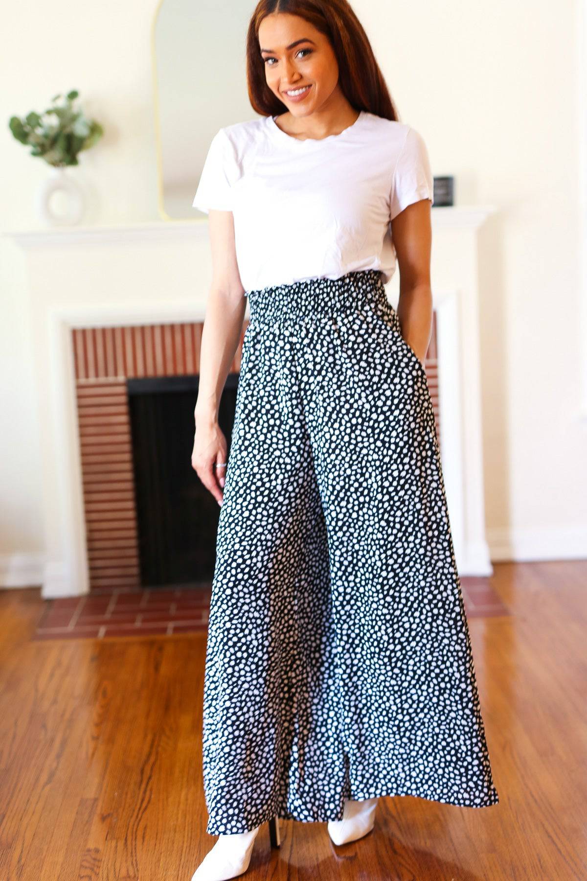 Let's Meet Up Black Animal Print Smocked Waist Palazzo Pants - Luxe Mod 