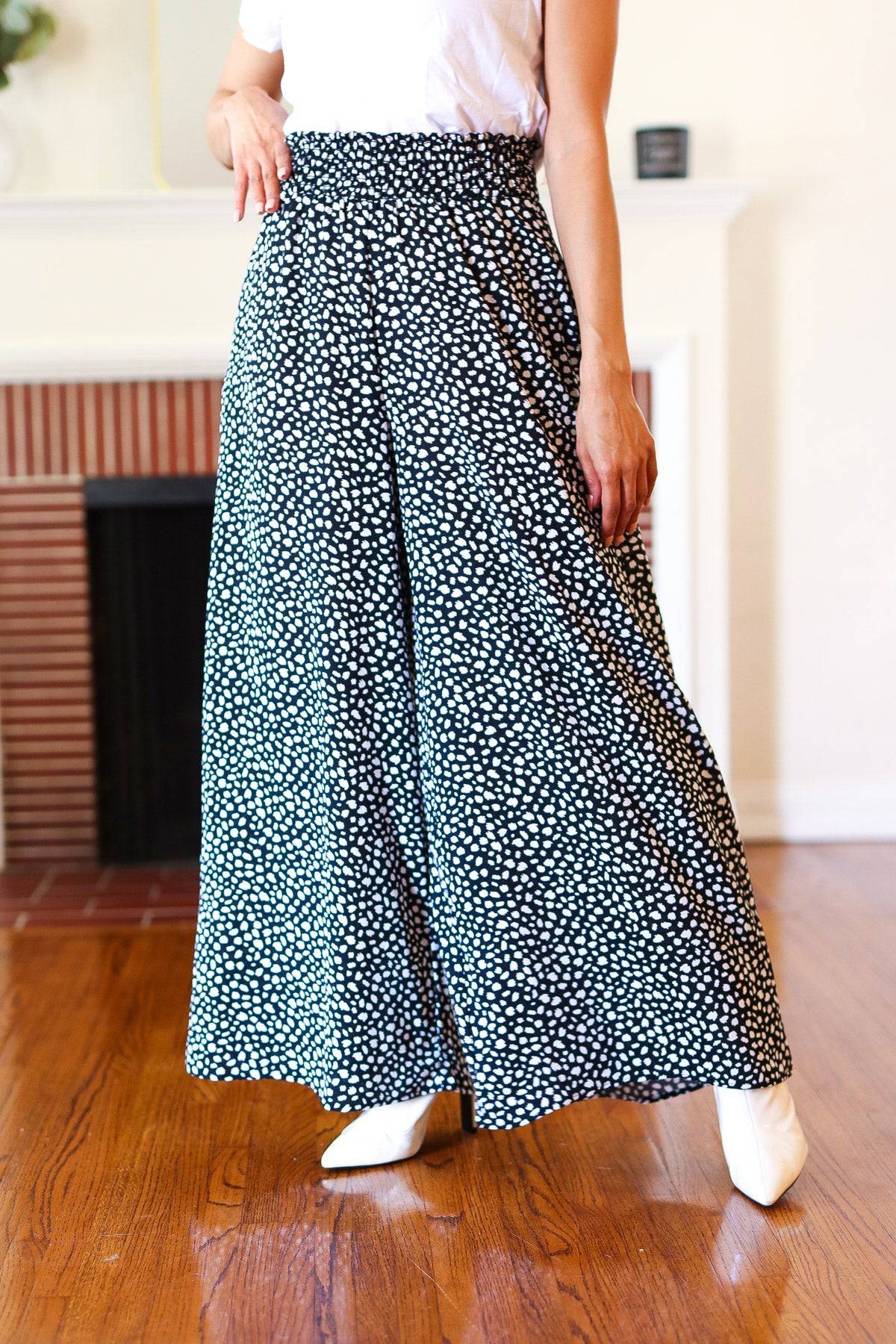 Let's Meet Up Black Animal Print Smocked Waist Palazzo Pants - Luxe Mod 