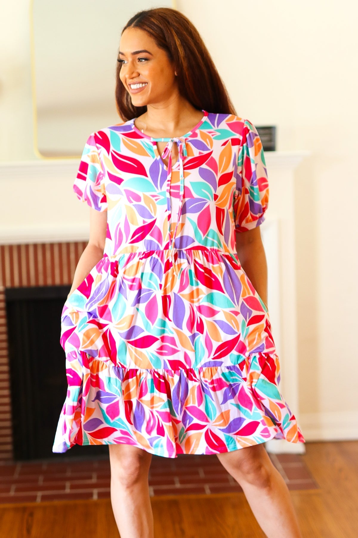 Feel Your Best Multicolor Floral Tiered Front Tie Pocketed Dress - Luxe Mod 