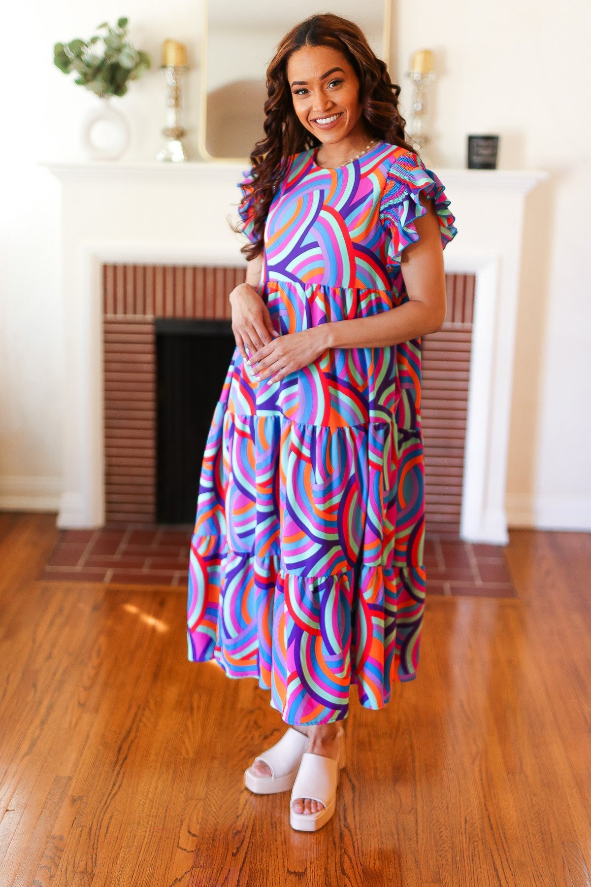 Feel Your Best Purple Abstract Print Smocked Ruffle Sleeve Maxi Dress - Luxe Mod 