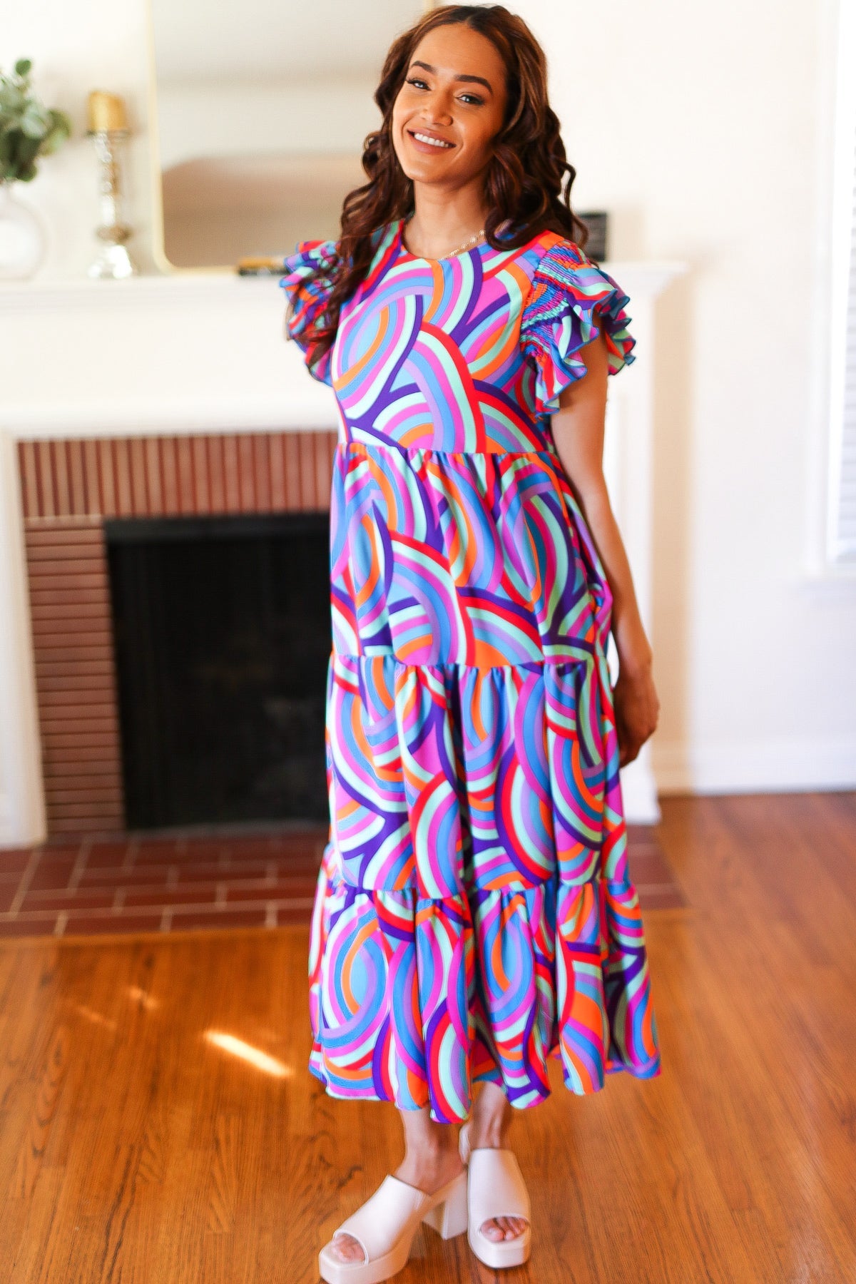 Feel Your Best Purple Abstract Print Smocked Ruffle Sleeve Maxi Dress - Luxe Mod 