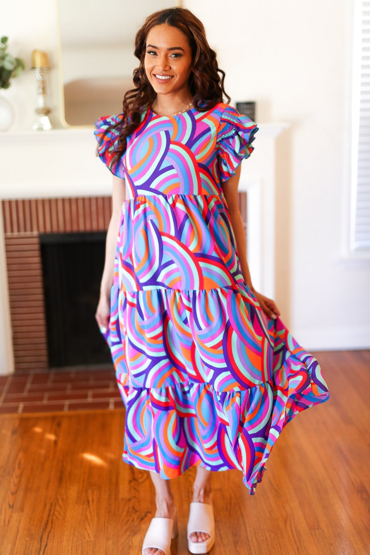 Feel Your Best Purple Abstract Print Smocked Ruffle Sleeve Maxi Dress - Luxe Mod 