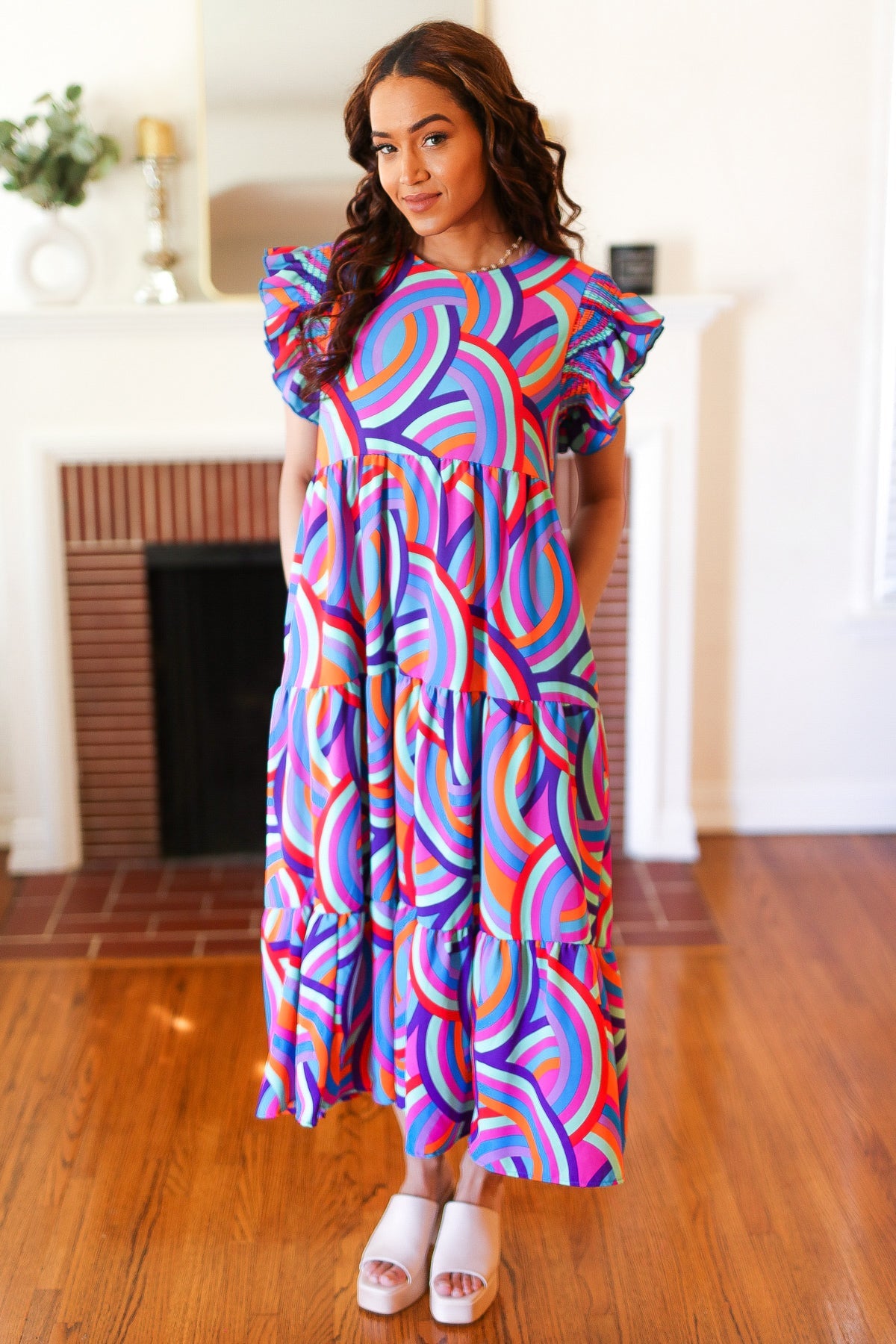 Feel Your Best Purple Abstract Print Smocked Ruffle Sleeve Maxi Dress - Luxe Mod 