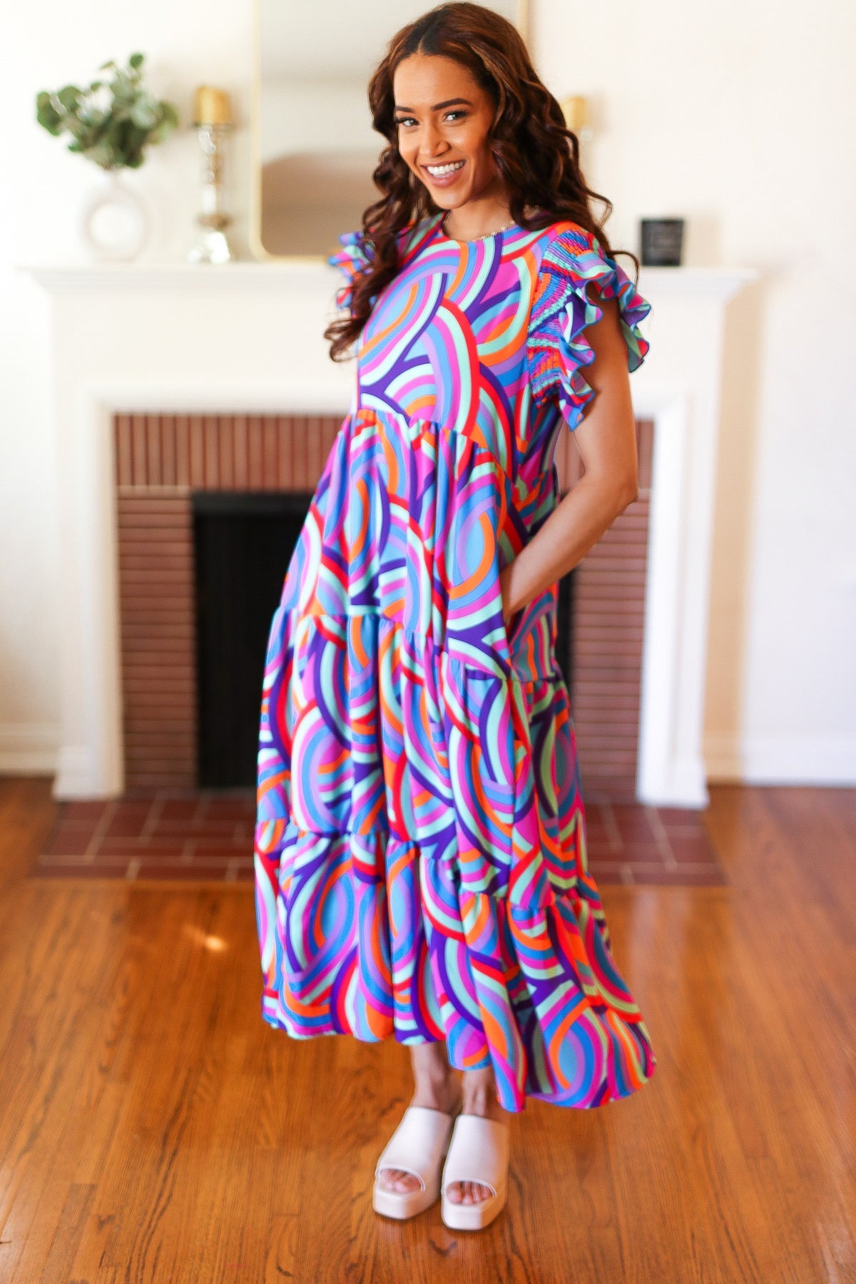 Feel Your Best Purple Abstract Print Smocked Ruffle Sleeve Maxi Dress - Luxe Mod 