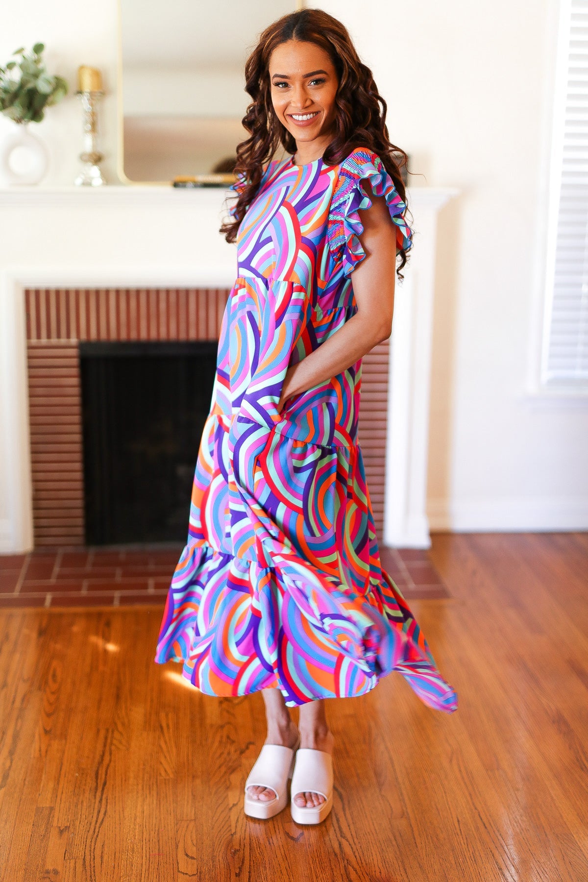 Feel Your Best Purple Abstract Print Smocked Ruffle Sleeve Maxi Dress - Luxe Mod 