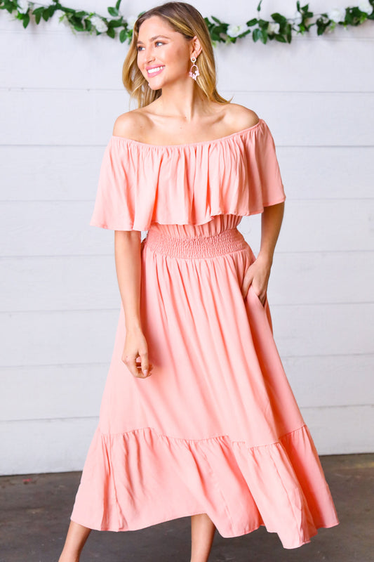 Coral off Shoulder Smocked Waist Ruffle Sleeve Midi Dress - Luxe Mod 