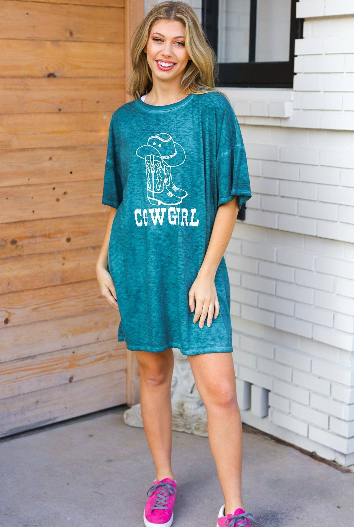 Emerald Cotton Blend COWGIRL Graphic Long Tee - Luxe Mod 