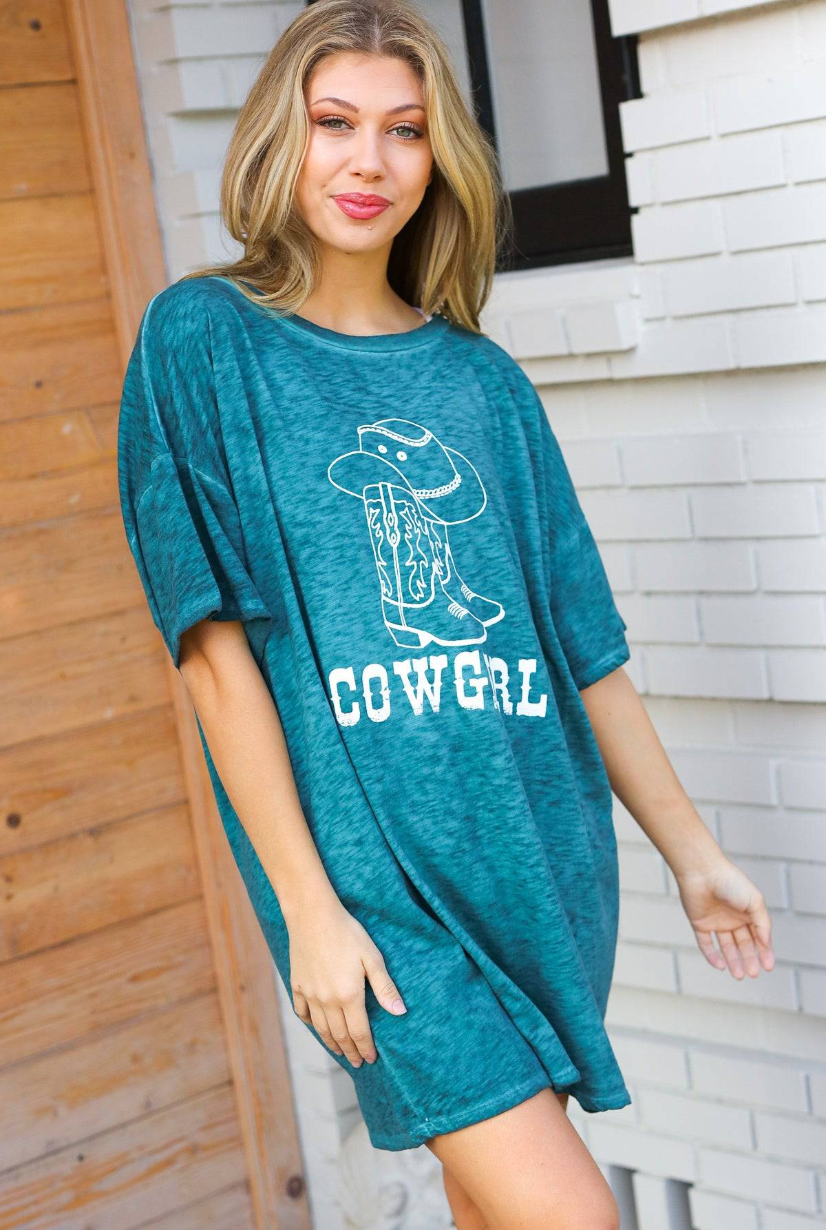 Emerald Cotton Blend COWGIRL Graphic Long Tee - Luxe Mod 