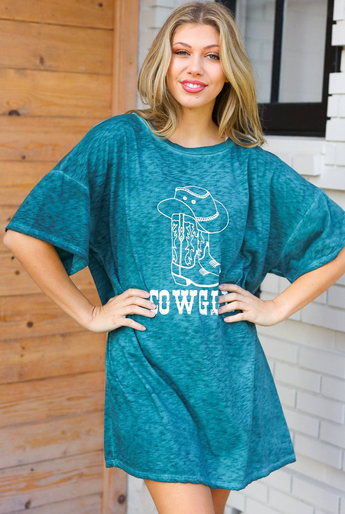 Emerald Cotton Blend COWGIRL Graphic Long Tee - Luxe Mod 