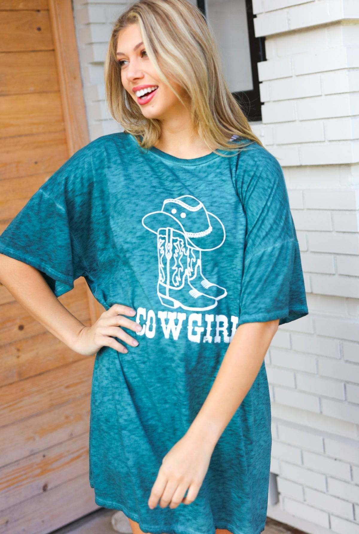 Emerald Cotton Blend COWGIRL Graphic Long Tee - Luxe Mod 