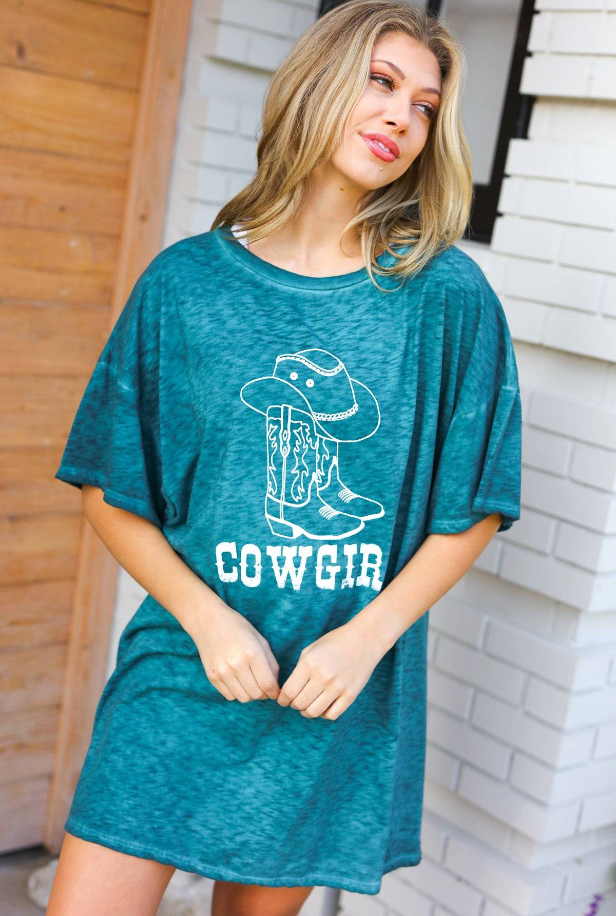 Emerald Cotton Blend COWGIRL Graphic Long Tee - Luxe Mod 