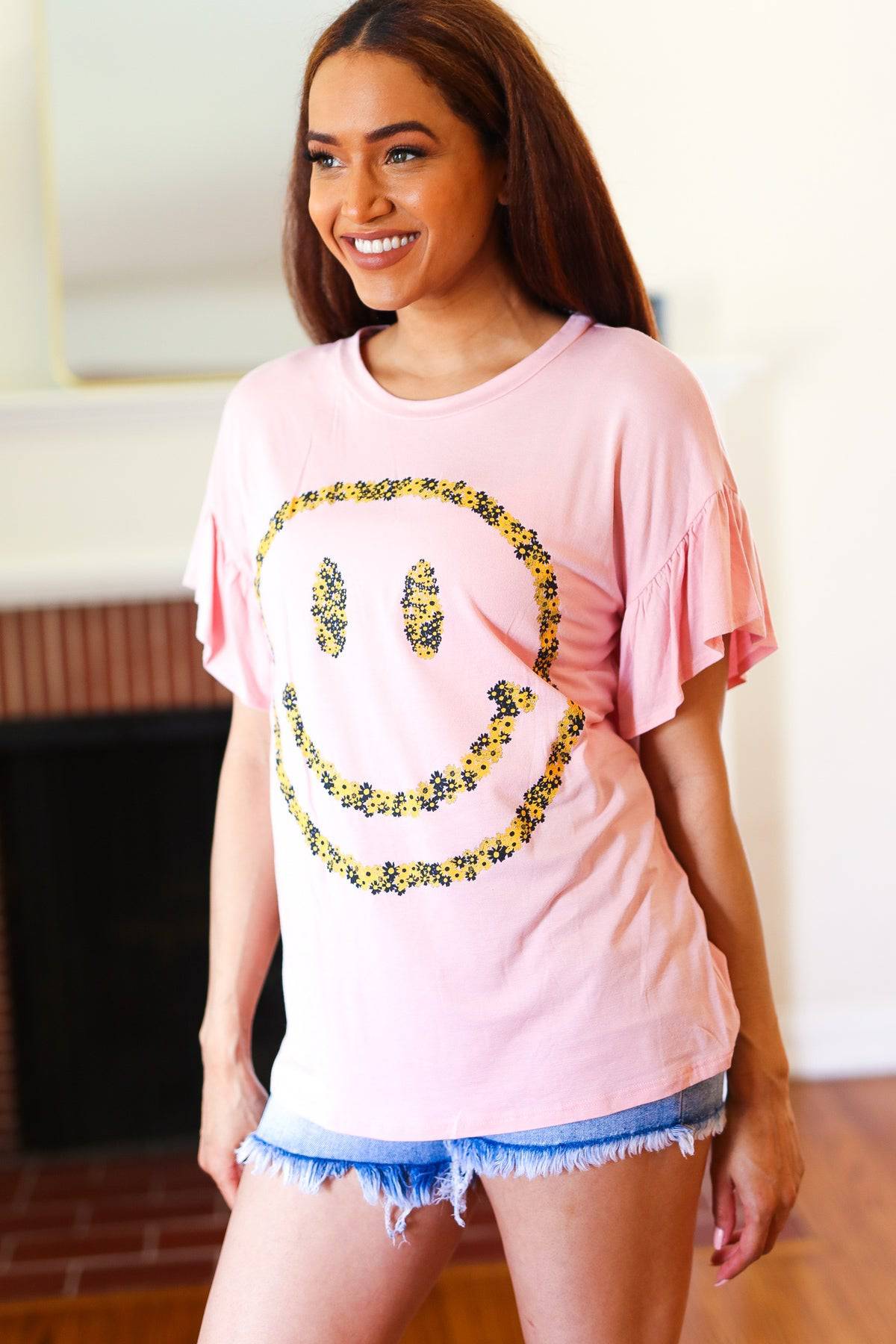 Live For Today Pink Floral Smiley Face Flutter Sleeve Tee - Luxe Mod 