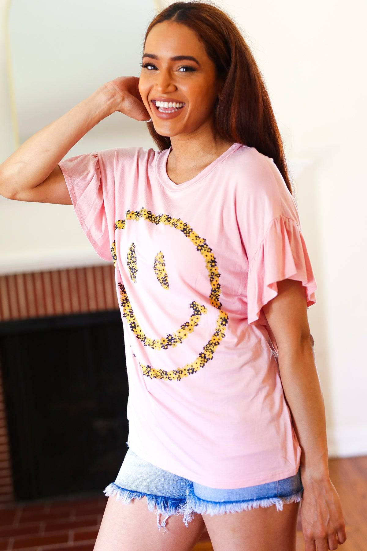 Live For Today Pink Floral Smiley Face Flutter Sleeve Tee - Luxe Mod 