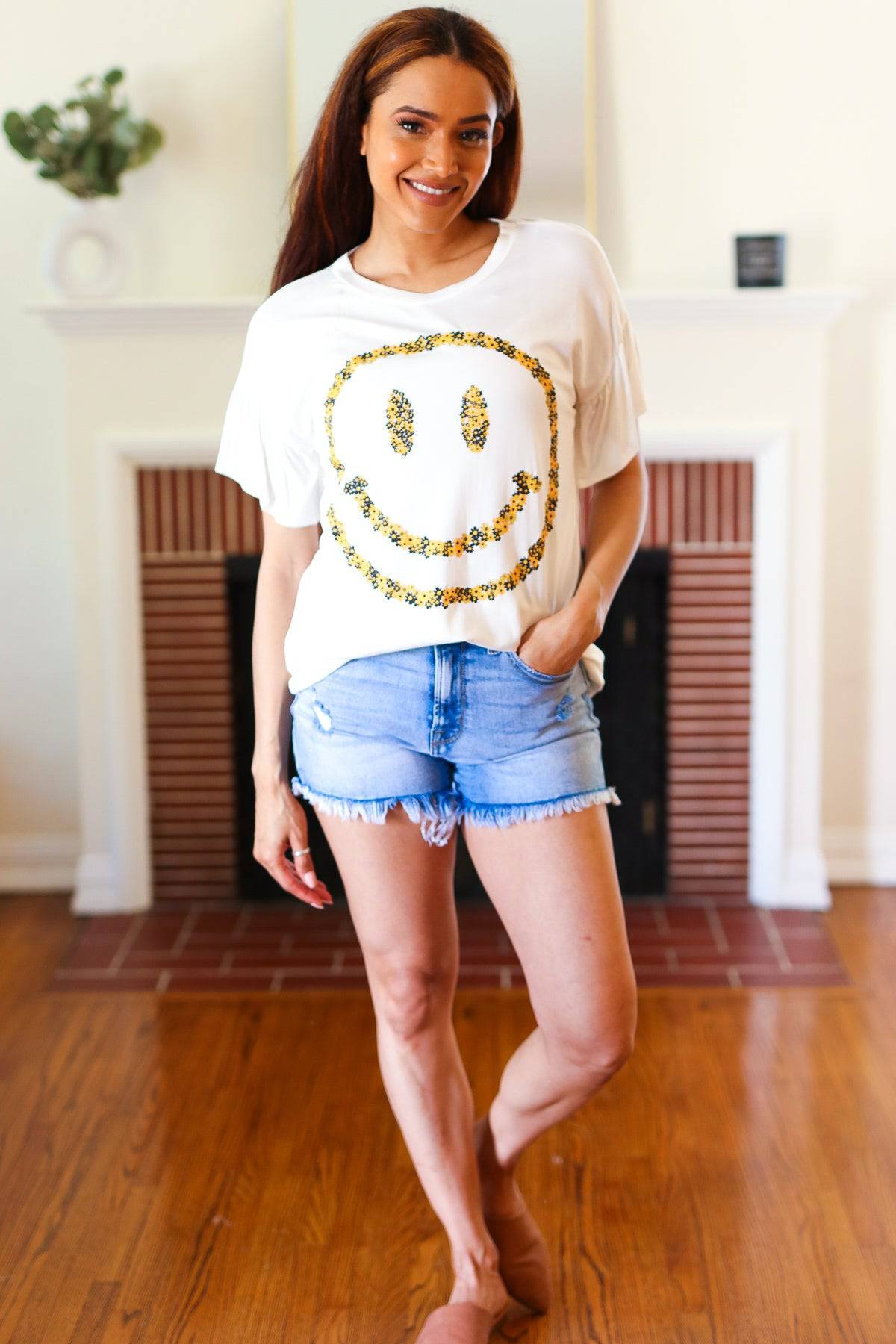 Live For Today White Floral Smiley Face Flutter Sleeve Tee - Luxe Mod 