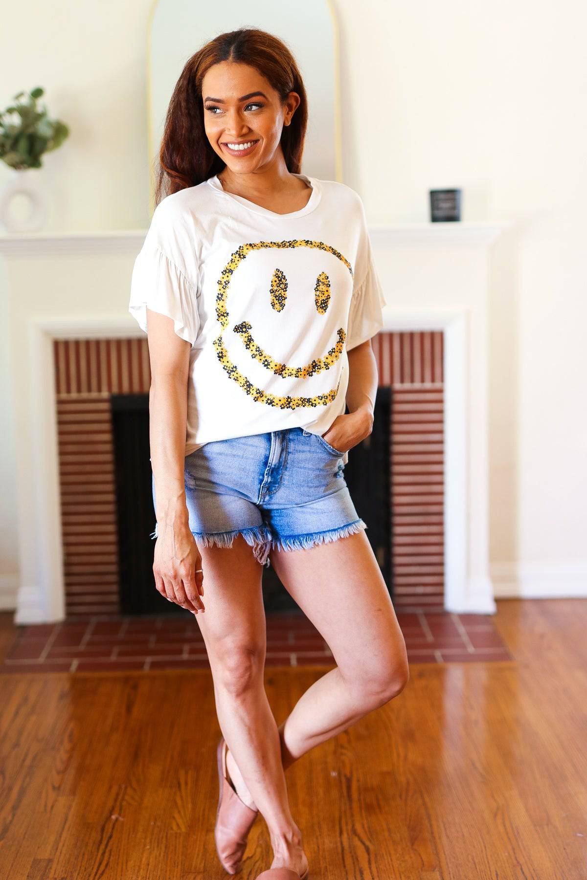 Live For Today White Floral Smiley Face Flutter Sleeve Tee - Luxe Mod 