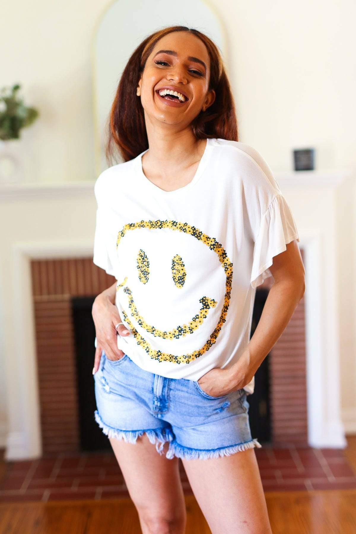 Live For Today White Floral Smiley Face Flutter Sleeve Tee - Luxe Mod 