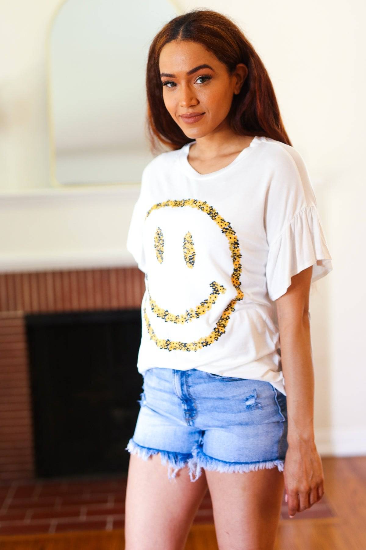 Live For Today White Floral Smiley Face Flutter Sleeve Tee - Luxe Mod 