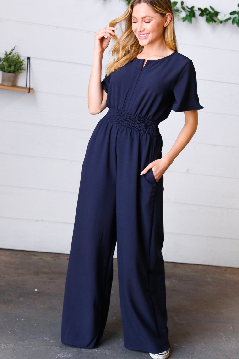 Dark Blue Smocked Waist Notch Neck Crepe Jumpsuit - Luxe Mod 