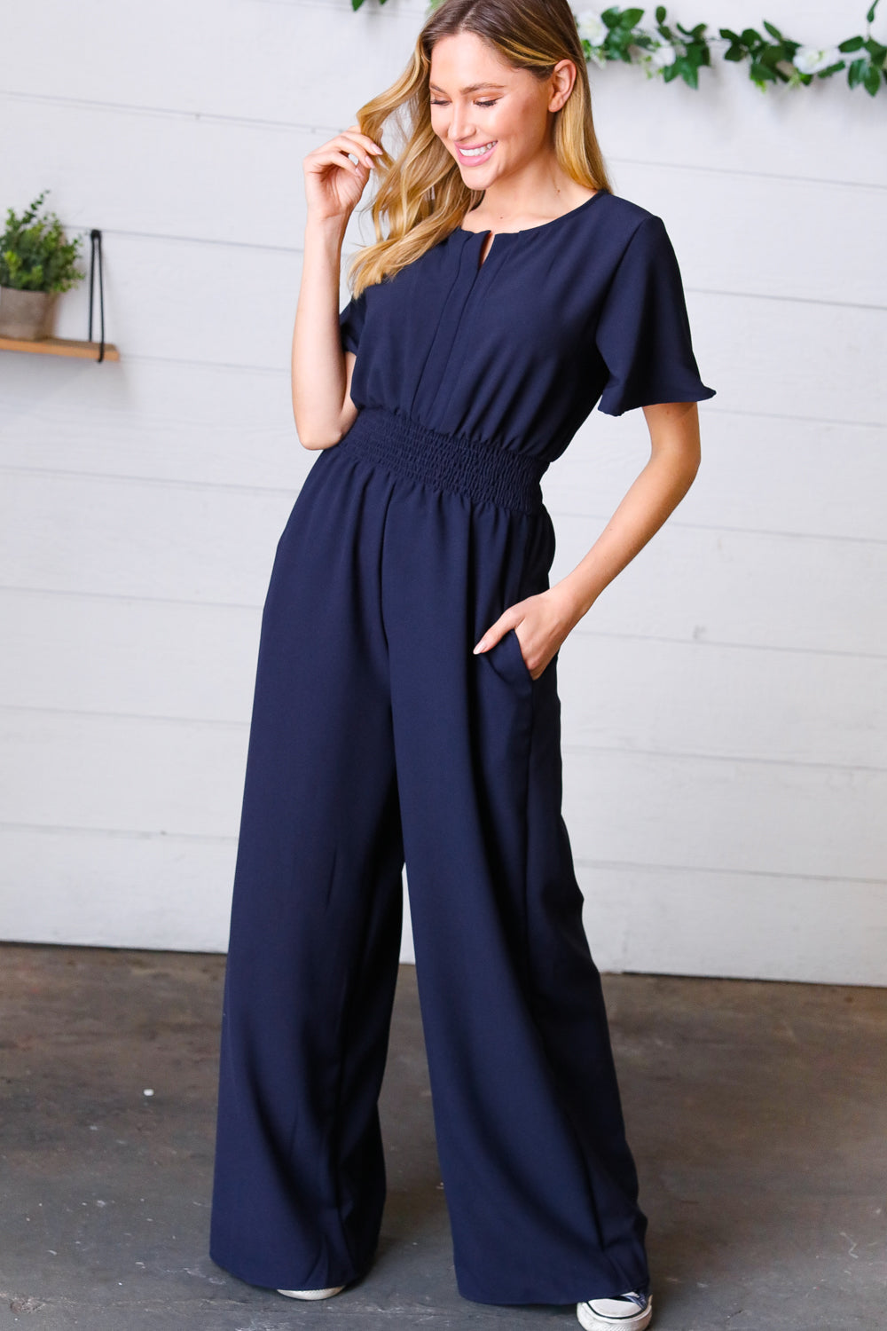 Dark Blue Smocked Waist Notch Neck Crepe Jumpsuit - Luxe Mod 