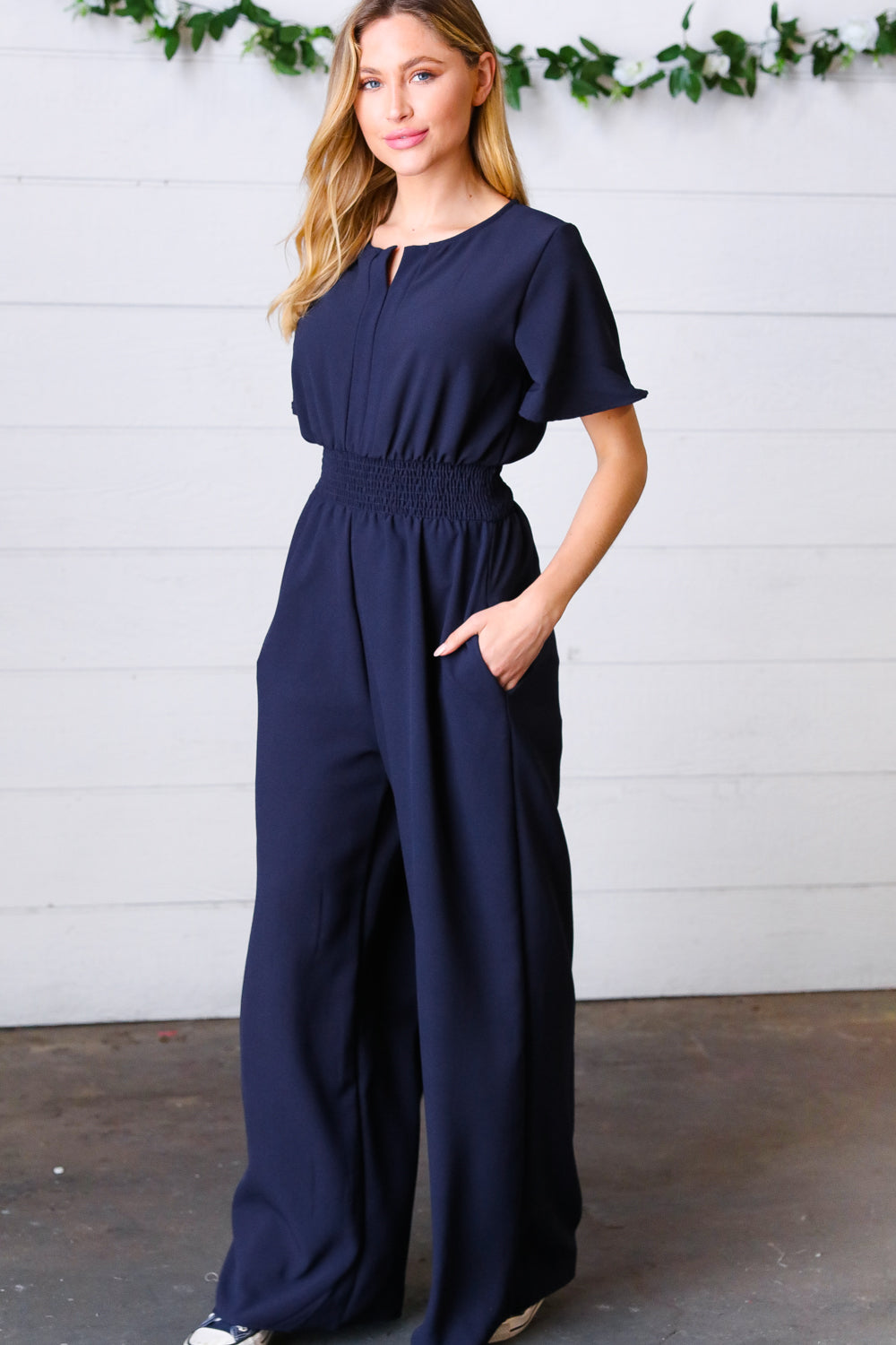 Dark Blue Smocked Waist Notch Neck Crepe Jumpsuit - Luxe Mod 