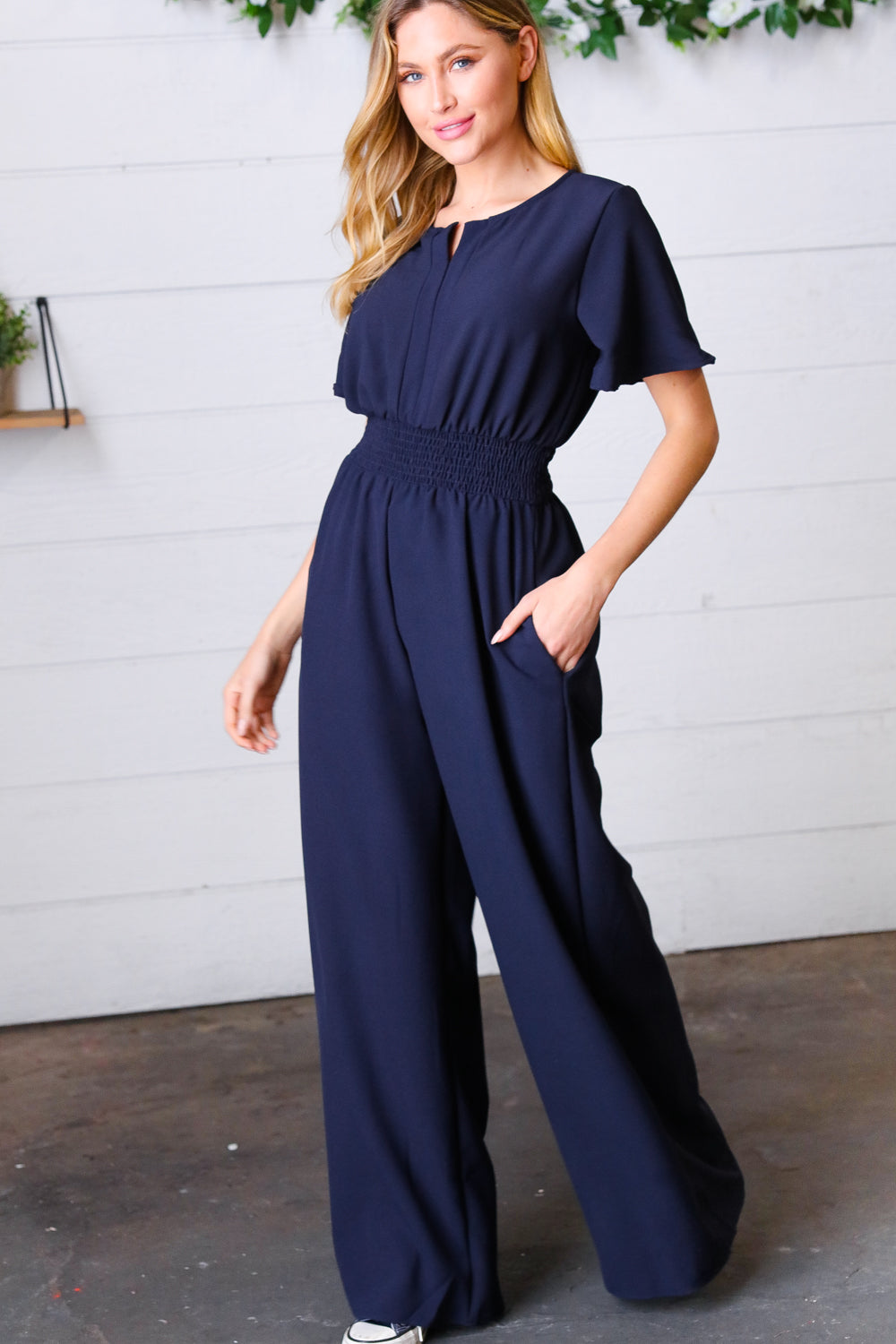 Dark Blue Smocked Waist Notch Neck Crepe Jumpsuit - Luxe Mod 