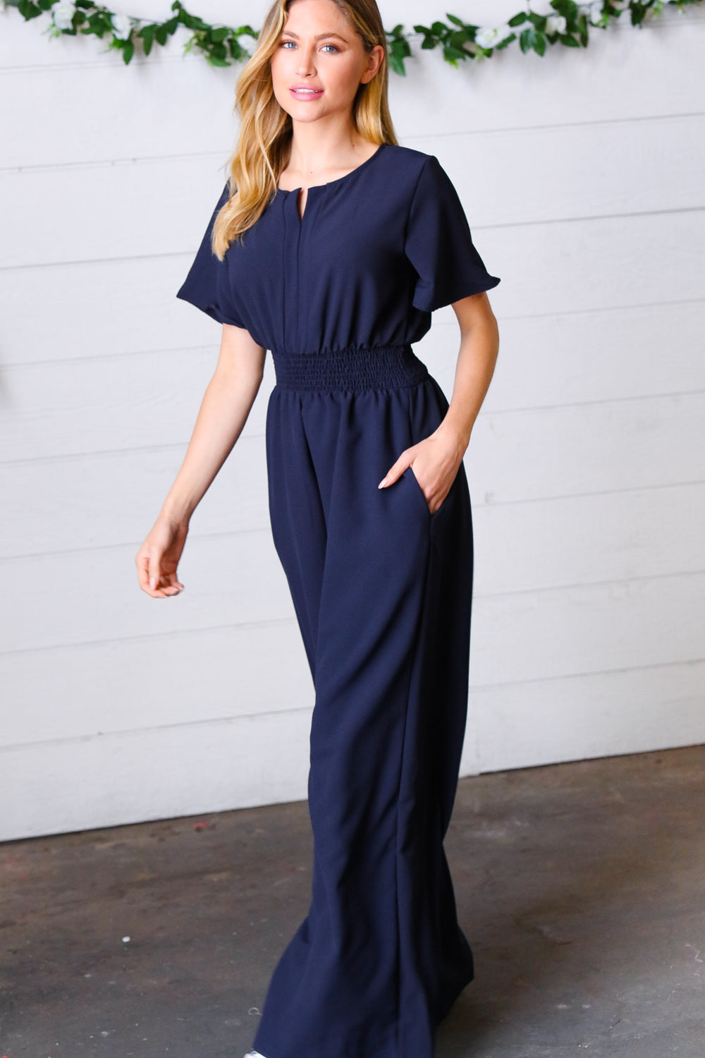 Dark Blue Smocked Waist Notch Neck Crepe Jumpsuit - Luxe Mod 