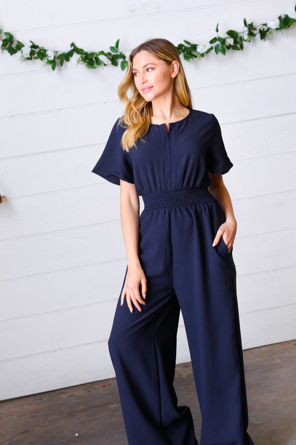 Dark Blue Smocked Waist Notch Neck Crepe Jumpsuit - Luxe Mod 