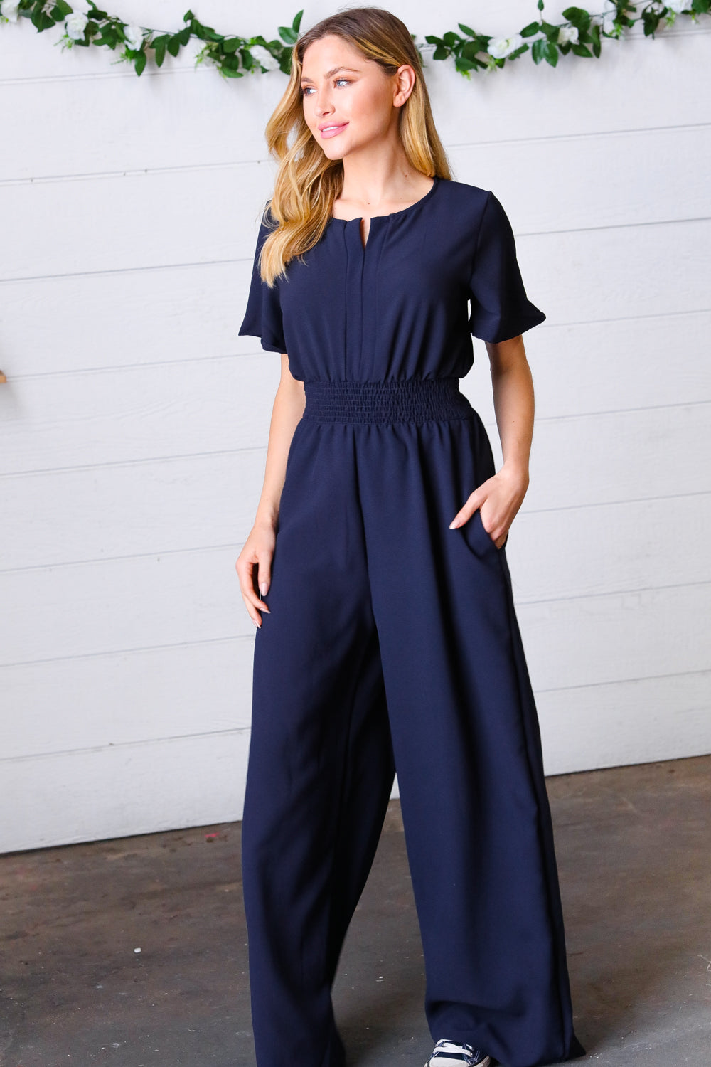 Dark Blue Smocked Waist Notch Neck Crepe Jumpsuit - Luxe Mod 