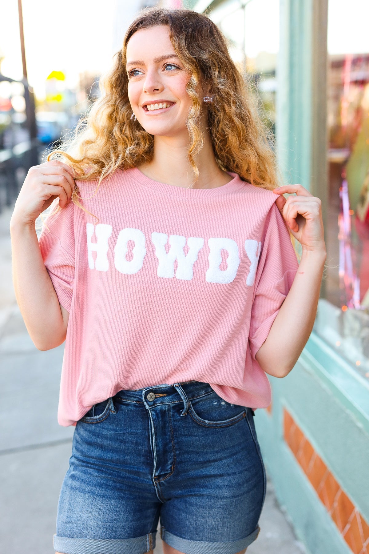 Pink Pop-Up Embroidered "HOWDY" Ribbed Top