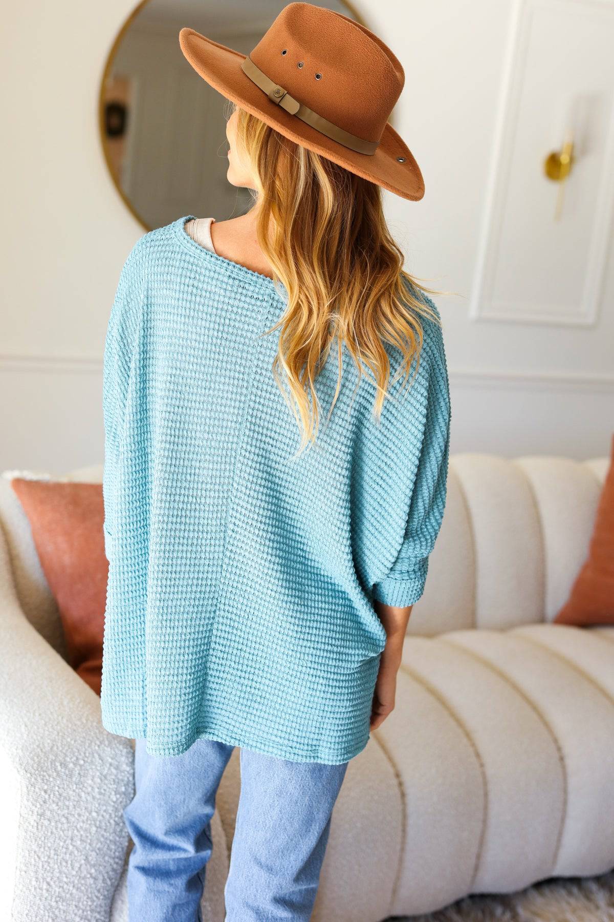 Just My Type Dusty Teal Jacquard Hi-Low V Neck Sweater - Luxe Mod 