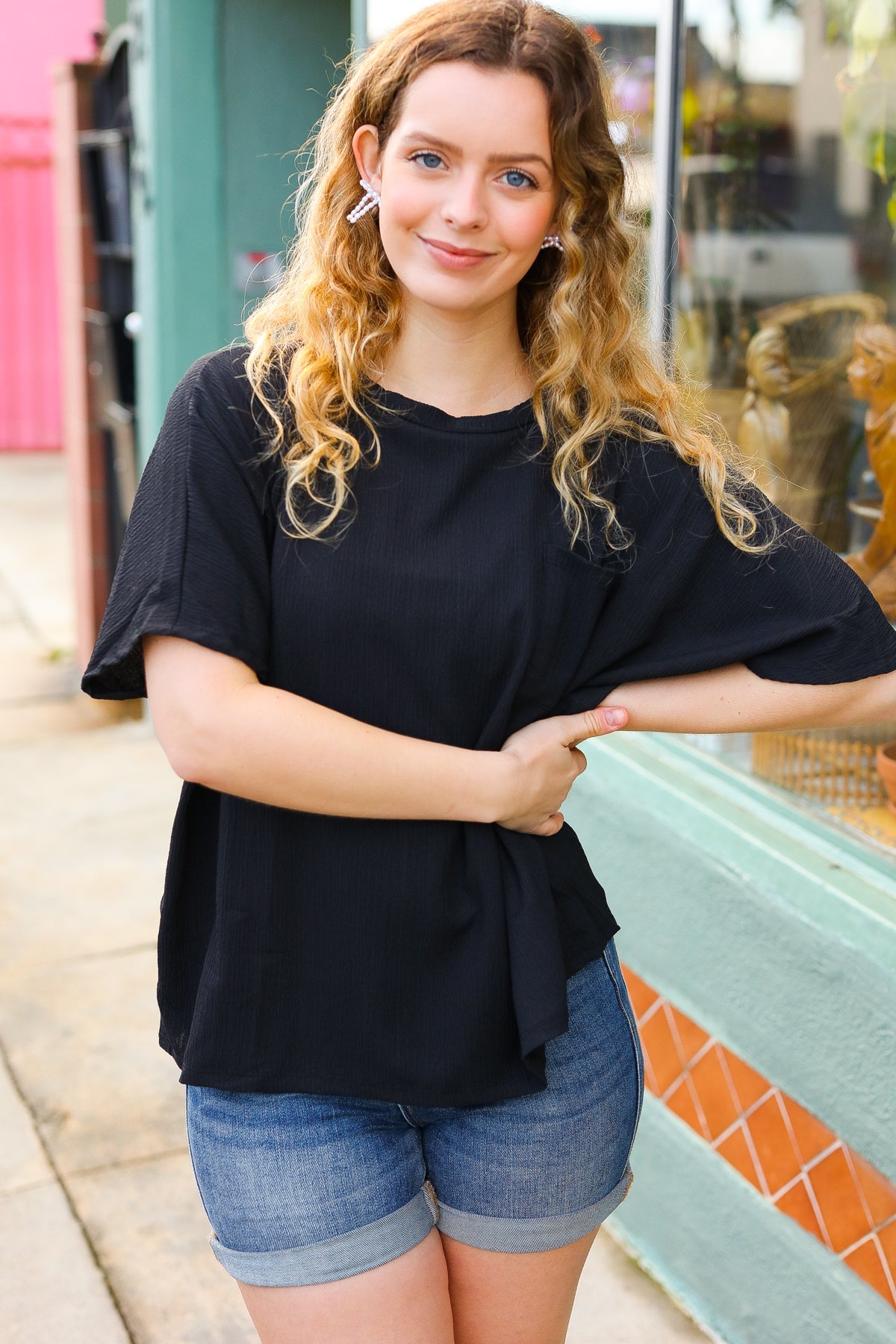 Be Bold Black Crinkle Texture Pocketed Dolman Top - Luxe Mod 