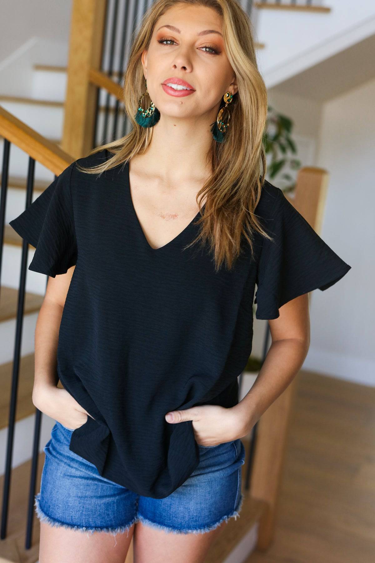 Keep Your Cool Black Flutter Sleeve V Neck Top - Luxe Mod 