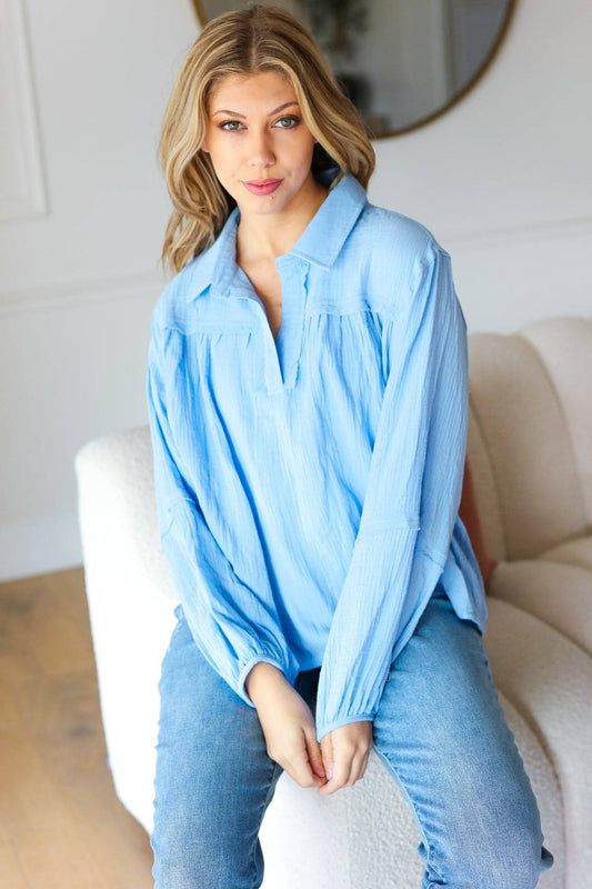 All Of Me Blue Collared Notched Neckline Cotton Top - Luxe Mod 