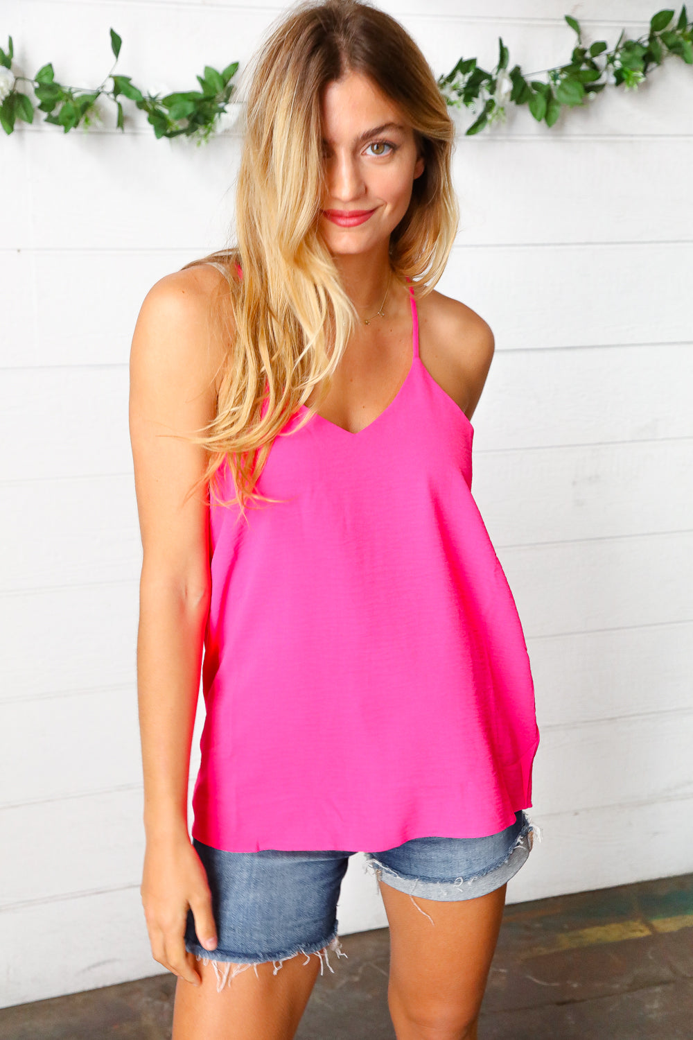 Hot Pink Adjustable Strap V Neck Lined Cami - Luxe Mod 