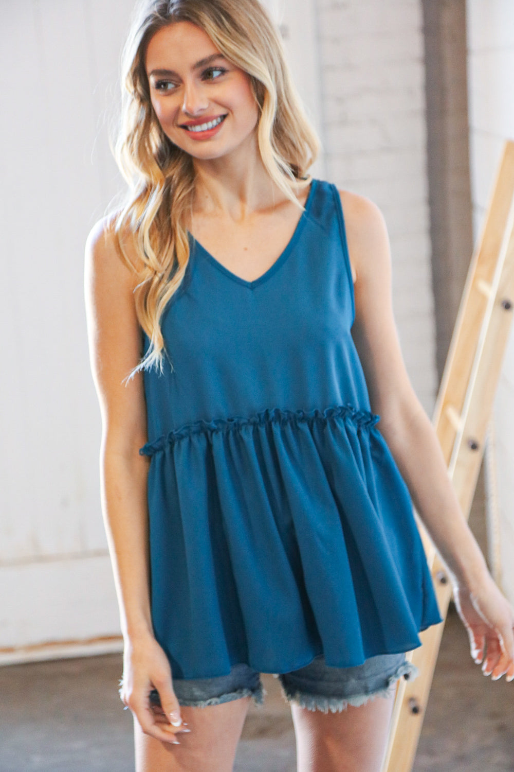 Azure Blue V Neck Sleeveless Ruffle Frill Tunic - Luxe Mod 