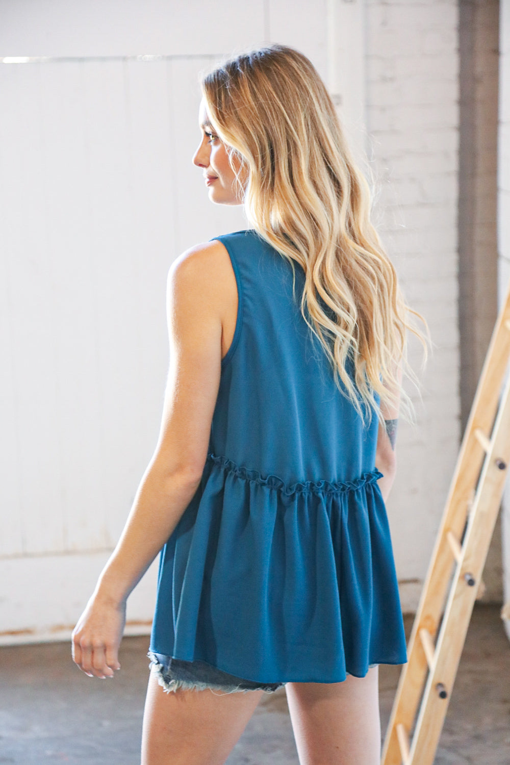 Azure Blue V Neck Sleeveless Ruffle Frill Tunic - Luxe Mod 