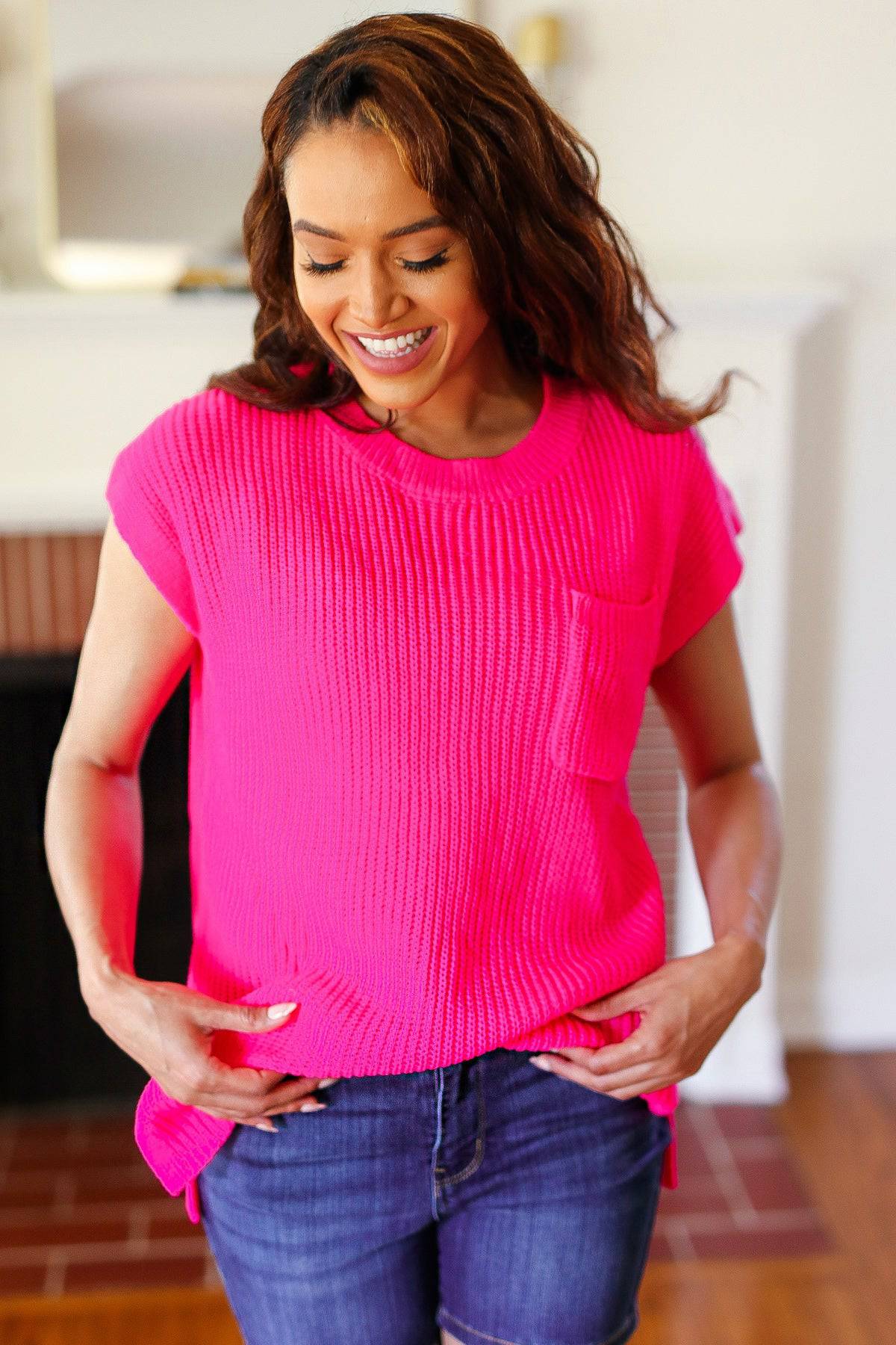 Best In Bold Hot Pink Dolman Ribbed Knit Sweater Top - Luxe Mod 