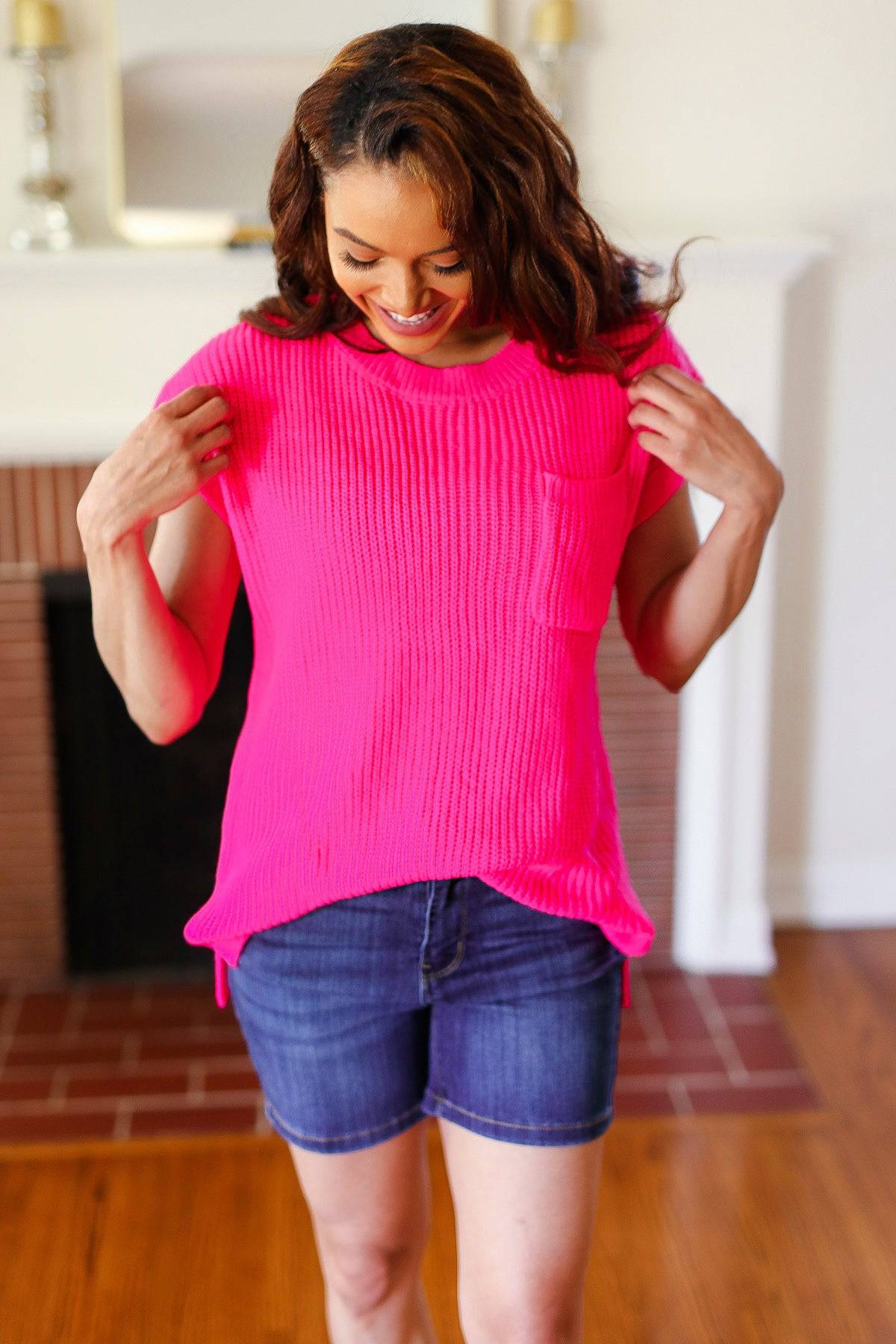 Best In Bold Hot Pink Dolman Ribbed Knit Sweater Top - Luxe Mod 