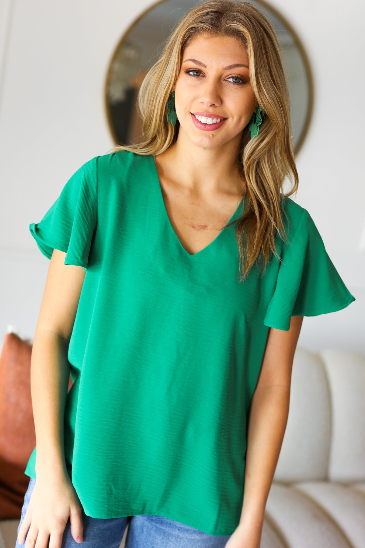 In Your Dreams Emerald Green Flutter Sleeve V Neck Top - Luxe Mod 