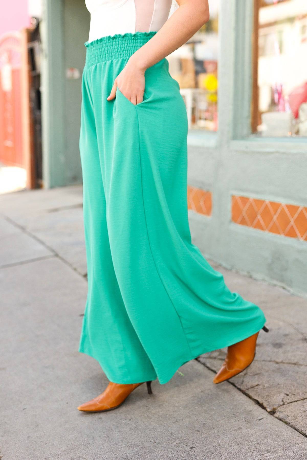 Just Dreaming Emerald Smocked Waist Palazzo Pants - Luxe Mod 