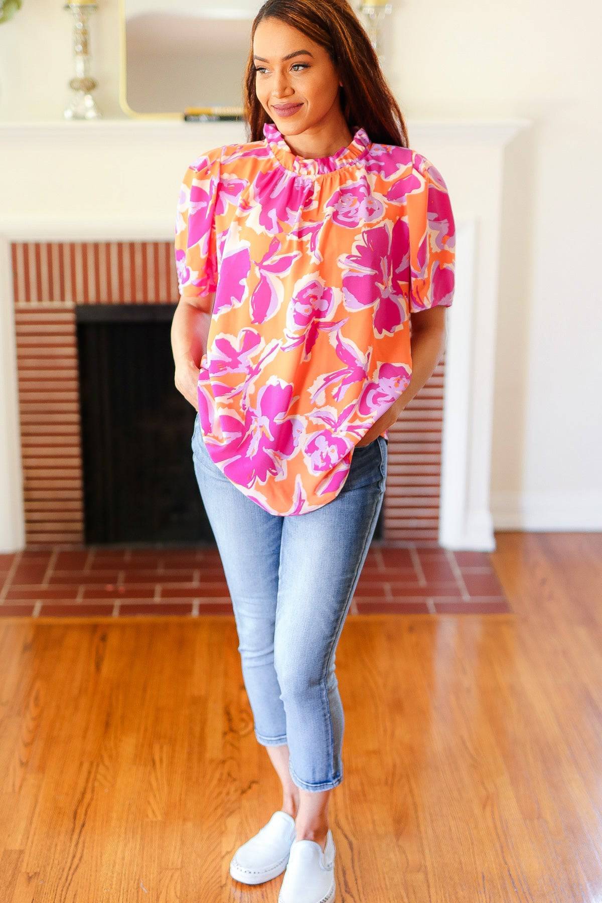 Feel Your Best Fuchsia Orange Floral Print Frill Mock Neck Top - Luxe Mod 