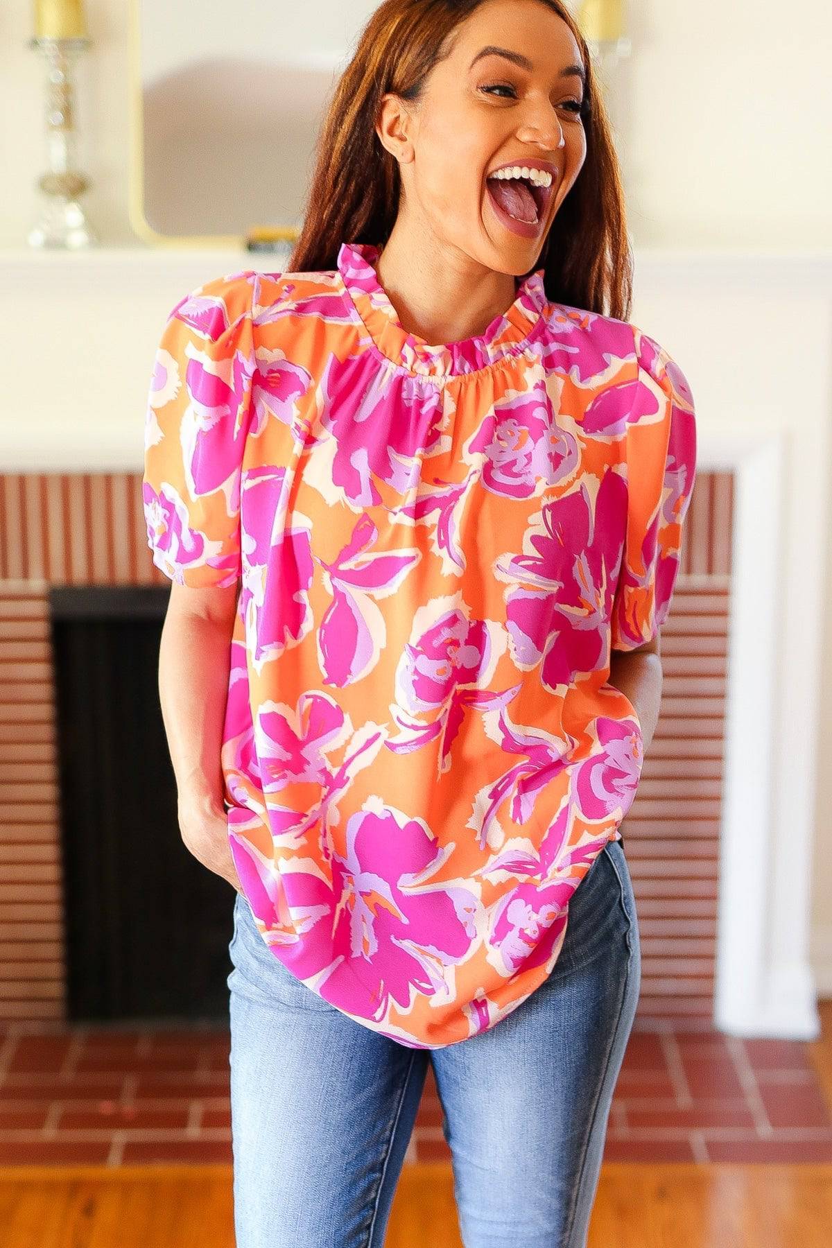 Feel Your Best Fuchsia Orange Floral Print Frill Mock Neck Top - Luxe Mod 