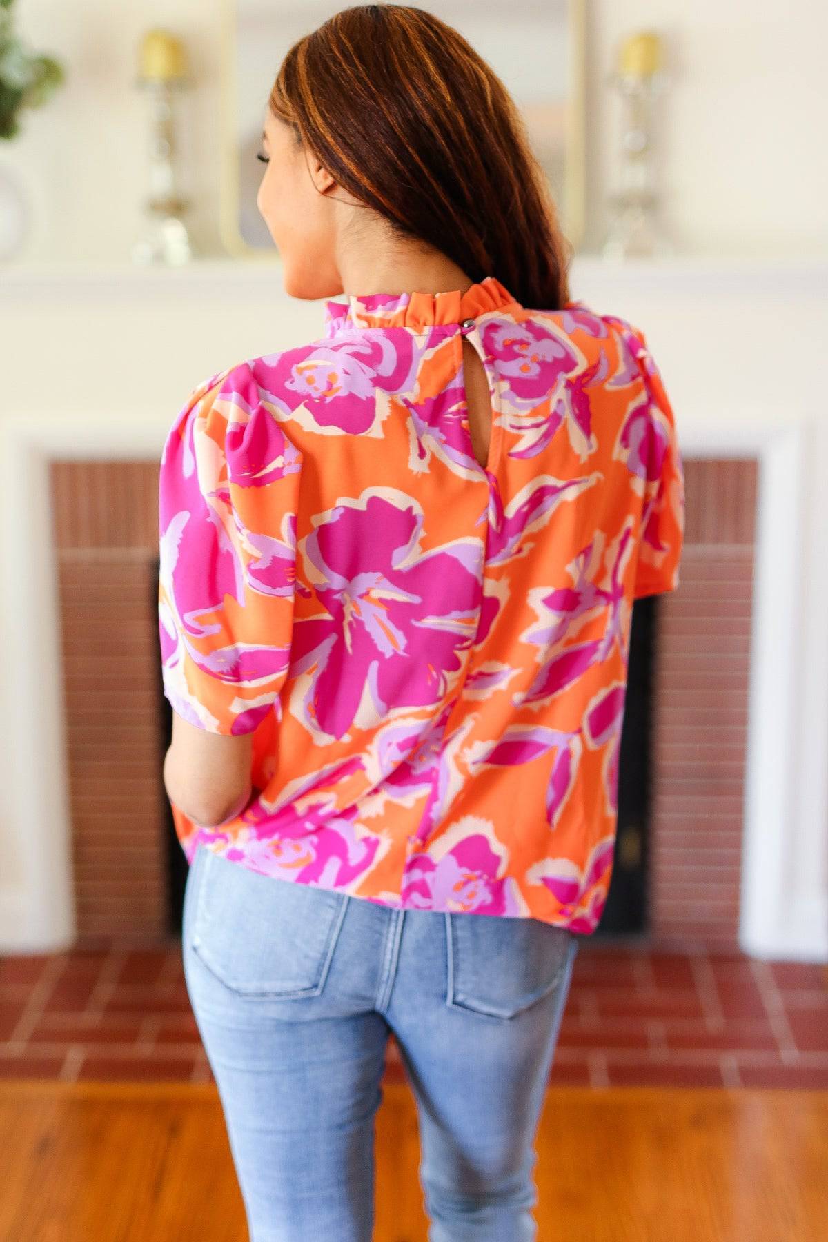 Feel Your Best Fuchsia Orange Floral Print Frill Mock Neck Top - Luxe Mod 