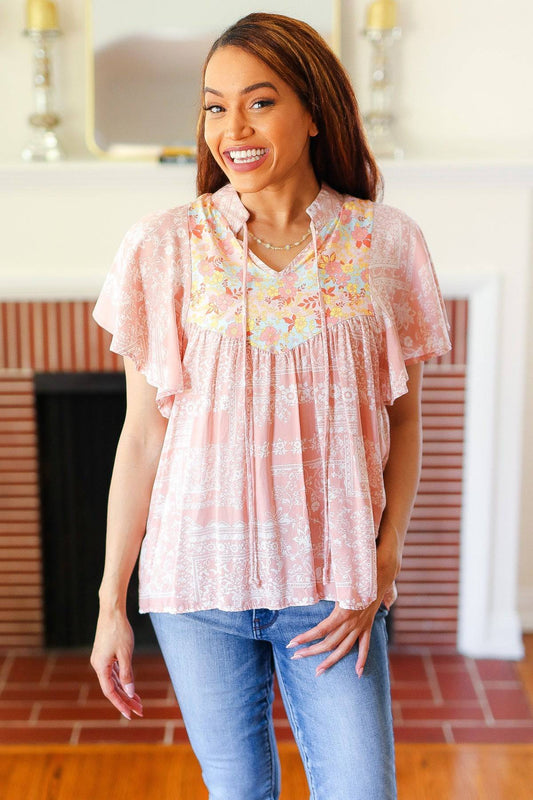 Blush Paisley Floral Yoke Tie Neck Top - Luxe Mod 