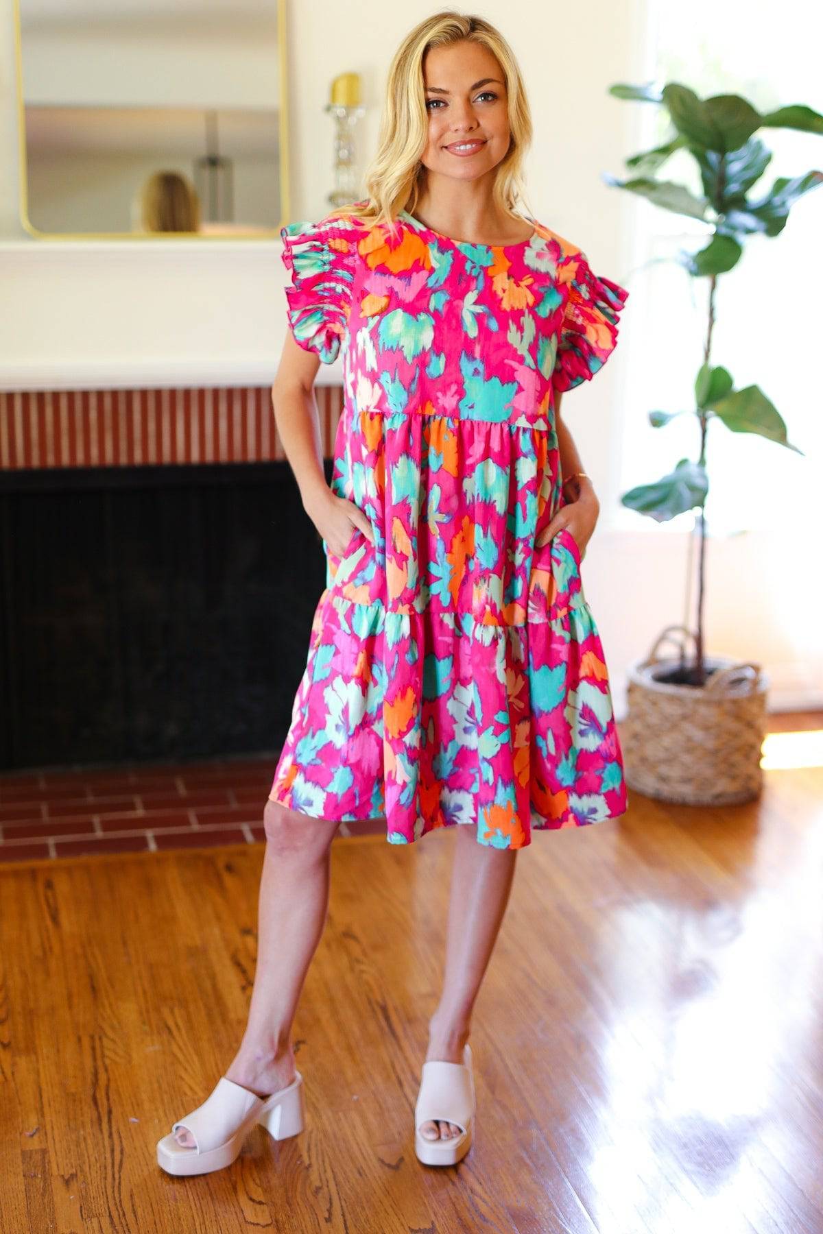 Look of Love Fuchsia Abstract Floral Print Smocked Ruffle Sleeve Dress - Luxe Mod 